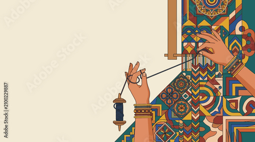 A skilled artisan uses a traditional wooden spinning tool to manipulate textile thread while incorporating intricate geometric patterns into the production of a handmade vibrant decorative