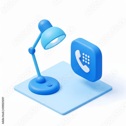 Blue isometric desk lamp sitting next to a digital telephone icon on a clean white surface