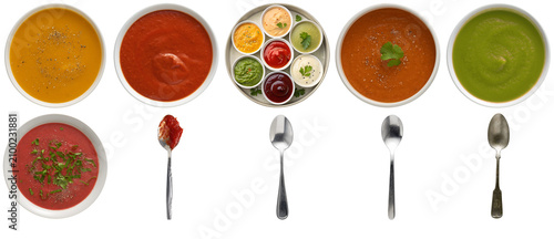 Fotografía Assortment of colorful soups and sauces in bowls with spoons, isolated on white