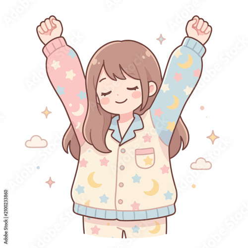 Foto Happy cartoon girl with arms raised.