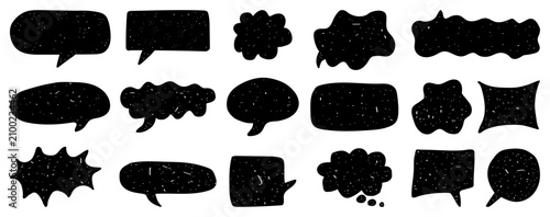 Collection of black speech bubble silhouettes with distressed grunge texture. Black distressed speech bubble silhouettes collection. Retro grunge comic chat shapes. Vector illustration.