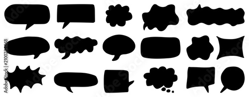 Collection of black speech bubble silhouettes in unique abstract shapes. Black speech bubble silhouettes design. Abstract comic chat box shapes set. Vector illustration.