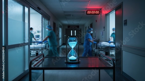 Glowing Hourglass in Dark Hospital Corridor