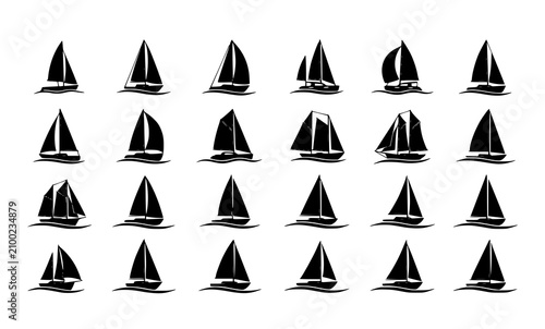 Bild auf Leinwand Sailboat silhouette vector set with nautical sailing boat icons on waves isolate