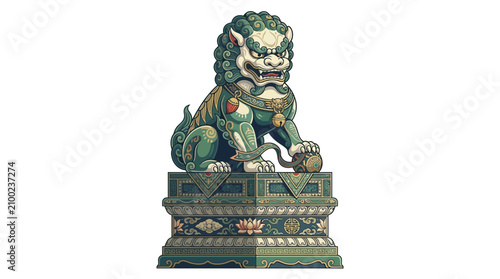 Fotografie Ornate Foo Dog Statue Guardian on Pedestal, Traditional Chinese Ceramic Art