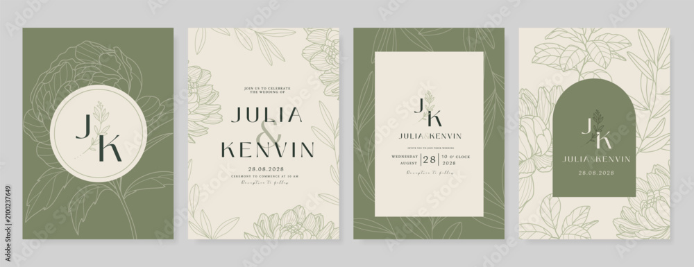 Obraz premium Luxury wedding invitation card vector template. Green background with line art, flower, leaves branches, foliage. Design illustration for vip cover, poster, rsvp modern card.