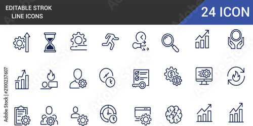 Business productivity and project management line icons collection with business