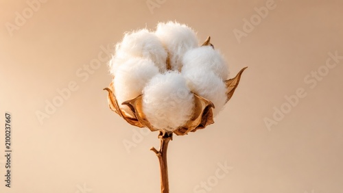 Tableau sur toile A single cotton flower or cotton boll on its natural stem against a beige backgr