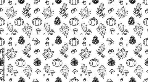 Seamless black and white autumn line art pattern featuring pumpkins, maple leaves, oak leaves, acorns, pinecones, berries, and mushrooms on a plain white background for fall decor.