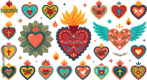 Photography Sacred Heart Vector Icon Set with Traditional Mexican Milagros Ornaments Burning