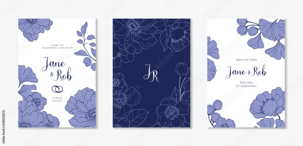 Obraz premium Luxury wedding invitation card vector template. Blue background with line art, flower, leaves branches, foliage. Design illustration for vip cover, poster, rsvp modern card.