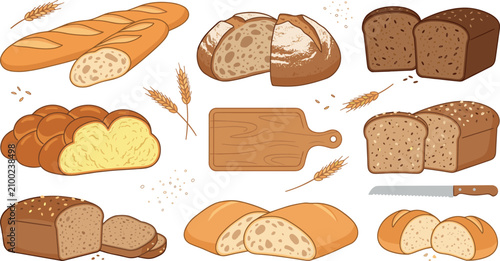 Tableau sur toile Bakery Bread Vector Illustration Set Featuring French Baguette Sourdough Whole G