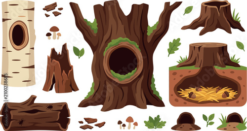 фотографія Cartoon Tree Hollow and Stump Vector Set with Animal Underground Burrow, Log, Bi