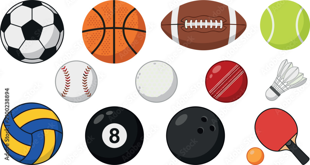 Obraz premium Comprehensive Sports Balls Equipment Icon Set Featuring Soccer Basketball Rugby Tennis Baseball Volleyball Billiards Cricket and Table Tennis Vectors for Athletic Game Design