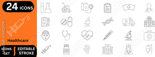 Medical healthcare line editable icon set. Containing hospital building, ambulance vehicle, stethoscope, thermometer, heartbeat pulse symbol, first aid kit, and more. Editable stroke. Vector illustrat