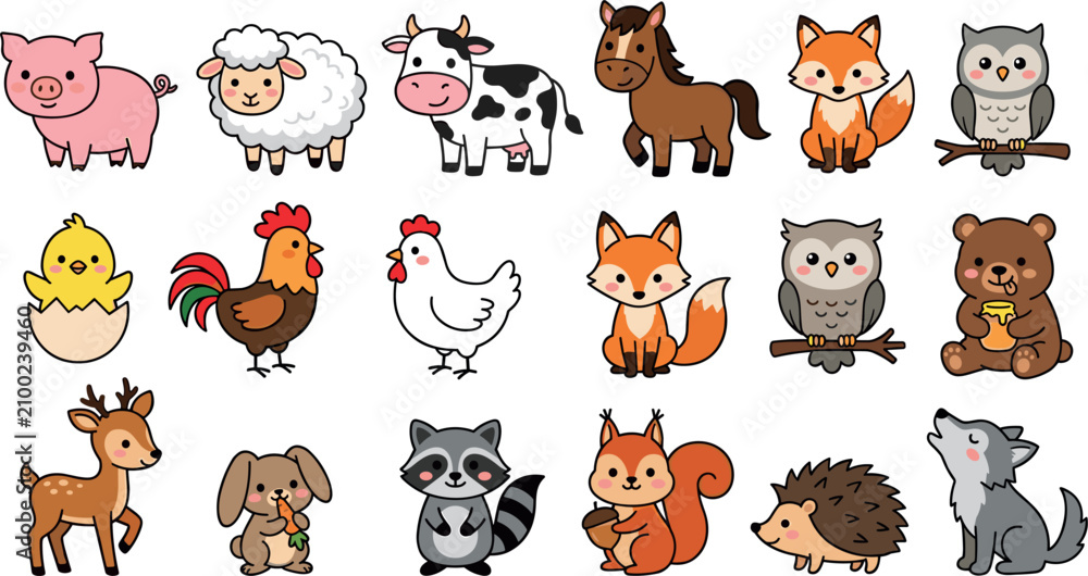 Obraz premium Cute Farm and Woodland Animal Vector Character Set with Baby Pig, Sheep, Cow, Horse, Fox, Owl, Deer, Bear, and Forest Wildlife Elements