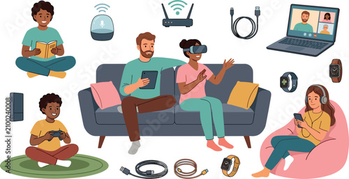 Foto Digital Lifestyle Family Vector Vector Character Set with Smart Home Gadgets, VR