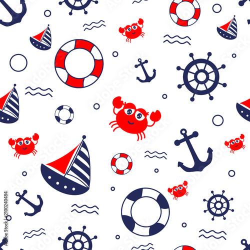 Cute Nautical Seamless Pattern with Sailboats, Anchors, Lifebuoys and Crabs