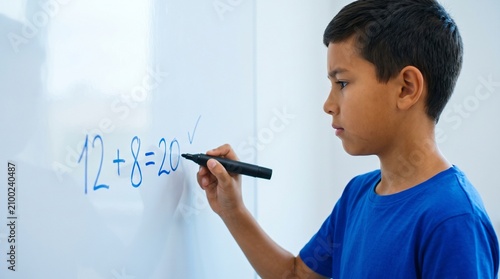 A male student solving math problems on a whiteboard, tagged as a NO NAME file, for individual academic focus visuals.