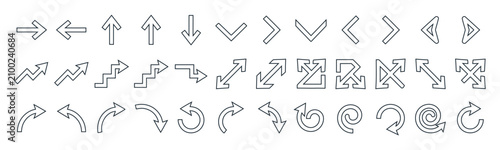 Tableau sur toile Arrow Collection: A comprehensive set of diverse arrow icons, including straight, curved, zig-zag, and expanding arrows, presented in a clean, outline style