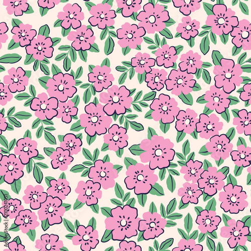 Seamless floral pattern, liberty ditsy print of pretty hand drawn pink flowers. Cute botanical design of small daisies, tiny leaves, simple mini spring plants, delicate garden. Vector illustration.