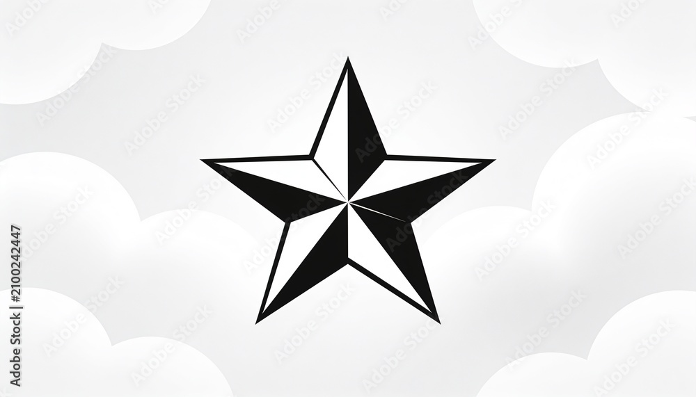 Fototapeta premium Displaying 5-point geometric star showing black-white facets on pale gray backdrop with clouds