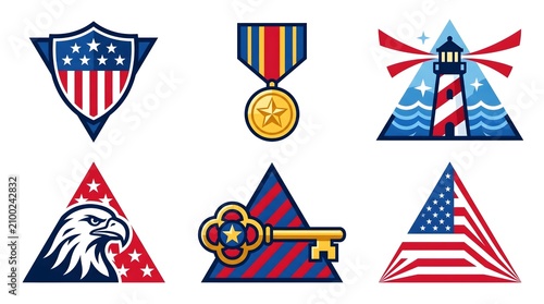 American patriotic symbols including shield medal lighthouse eagle key and flag isolated on white background