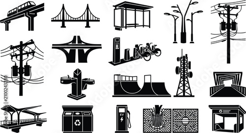 Vector collection of urban infrastructure silhouette icons including bridges, streetlights, bus stops, towers, kiosks, and utilities