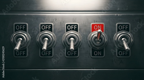 One red switch turned to on position among black off switches with electric electronic industrial