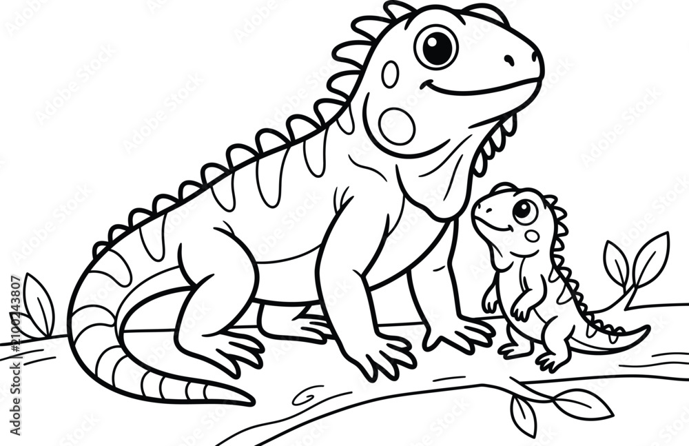 Fototapeta premium Adorable Adult and Baby Iguana Reptile Illustration for Kids Coloring Book Page Activity