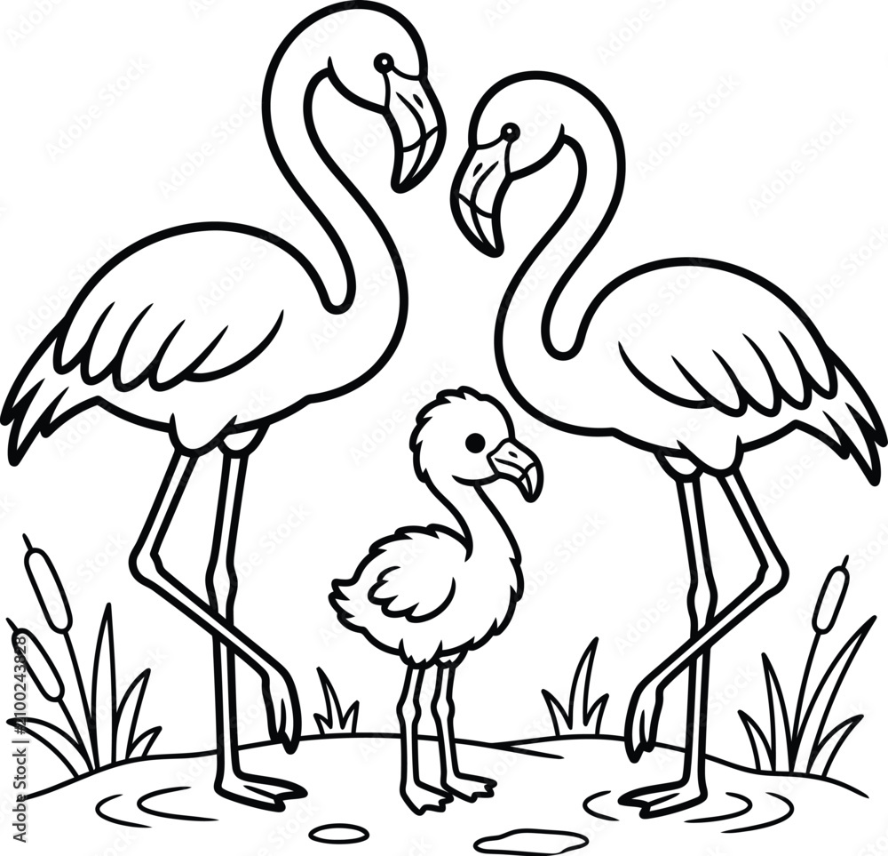 Obraz premium Mother and father flamingo with cute chick coloring page line art vector