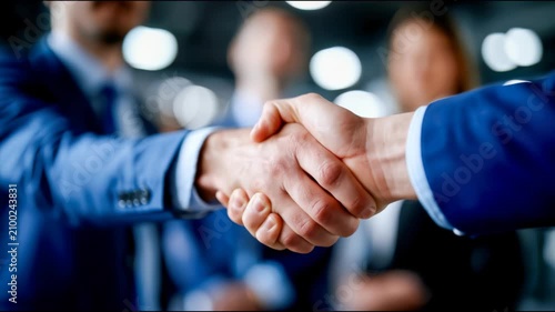 Close-up of business professionals shaking hands in an office meeting, symbolizing partnership, agreement, negotiation, trust and corporate success