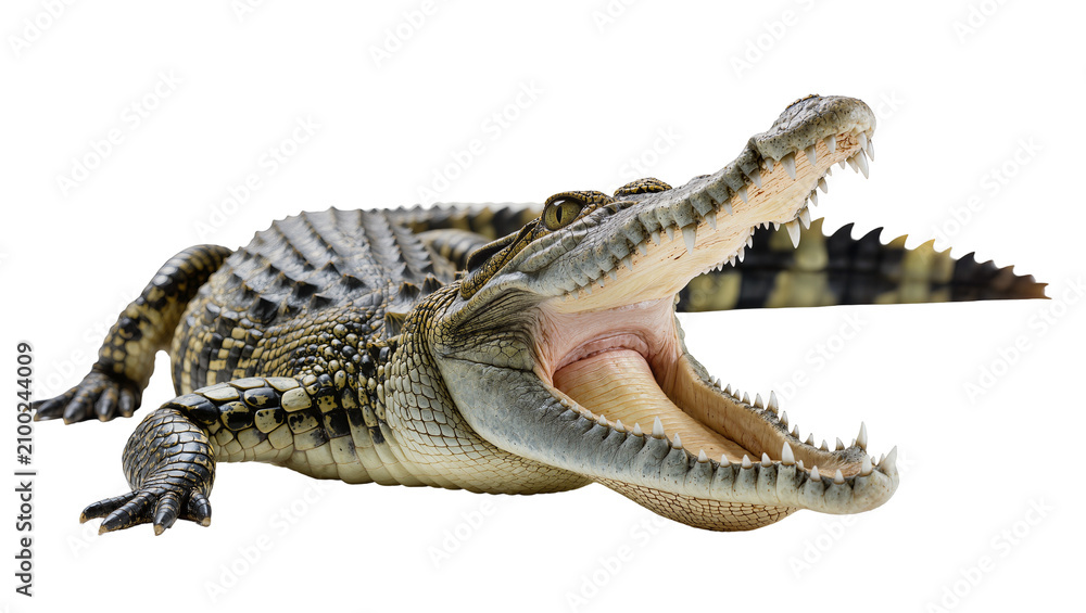 Fototapeta premium Isolated young crocodile with powerful jaws wide open, showing sharp teeth and scaly skin