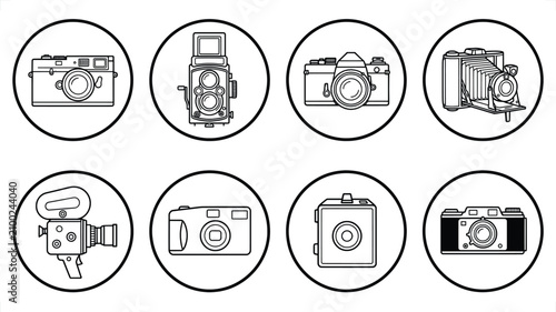 Tableau sur toile Collection of vintage and modern cameras in circles against white background vec
