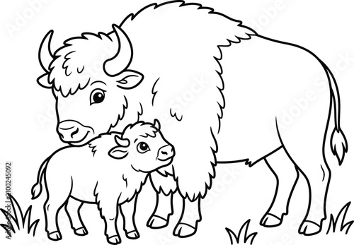 Mother bison and baby calf coloring page line art vector illustration