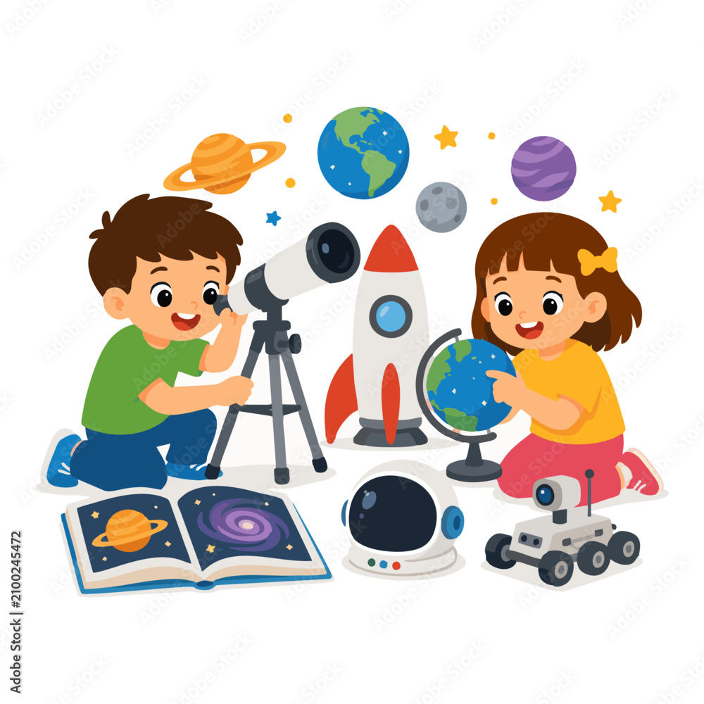 Fototapeta premium Children Exploring Space Science Together with Rockets, Planets and STEM Activities