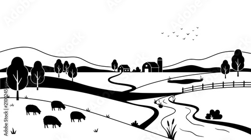 Schilderij op canvas Black and White Rural Landscape with Sheep, Farm, and River