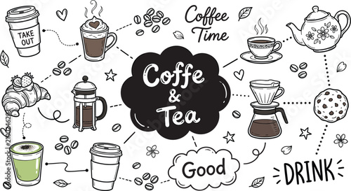 Coffee and tea hand drawn doodle element set with cups teapot beans croissant cookie and french press vector illustration
