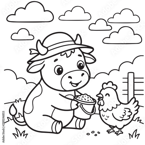 Cute cow feeding chicken in farm. Line art farm animals scene. Friendly farm scene with cow and chicken.