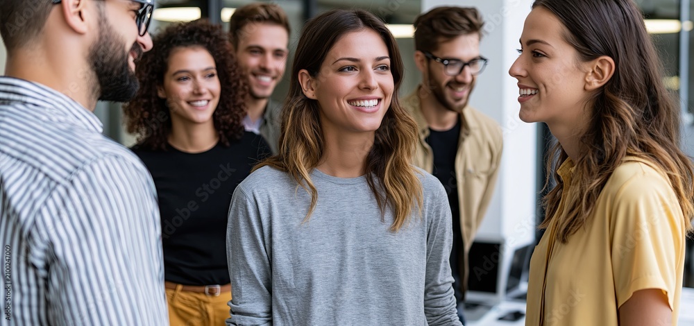 Fototapeta premium In a lively office environment, diverse colleagues engage in creative brainstorming, promoting teamwork and innovation.
