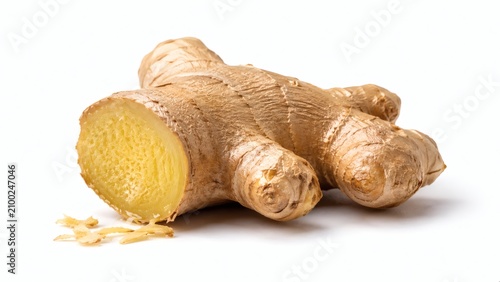 Foto Fresh ginger root on a white surface, showcasing its natural texture and vibrant yellow color inside