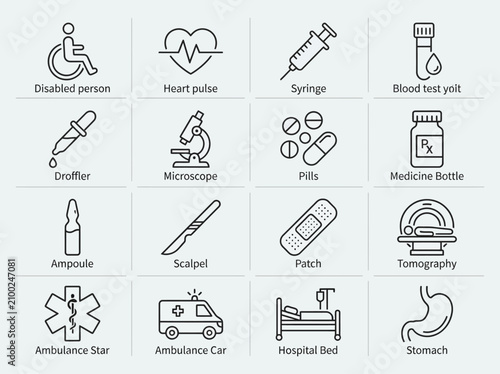 Medical objects and healthcare symbols.