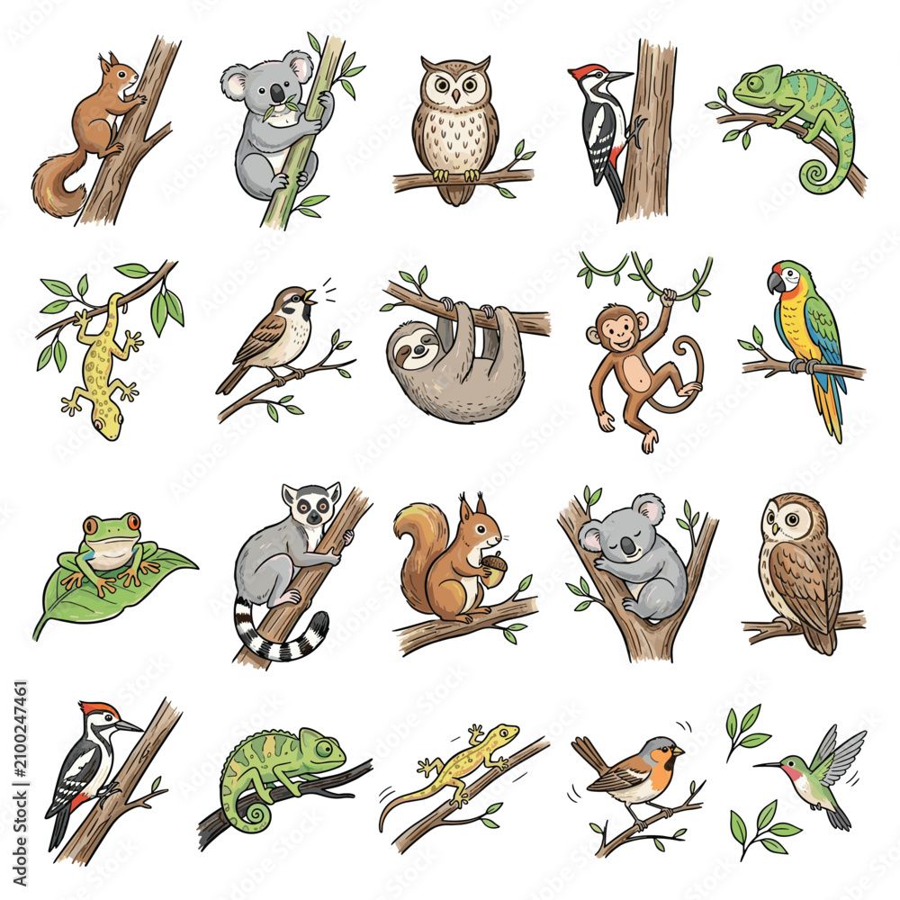 Fototapeta premium Hand-drawn wild animal icons set, 20 forest and jungle wildlife illustrations, cute woodland creatures on tree branches, vector nature collection