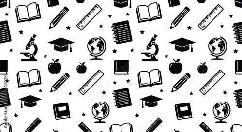Canvastavla Seamless black and white educational icon pattern featuring graduation caps, terrestrial globes, laboratory microscopes, apples, pencils, rulers, notebooks and books on white background
