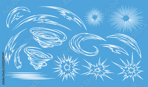 Collection of dynamic white comic book style wind swirls, speed lines, explosions, and impact effects on a light blue background.