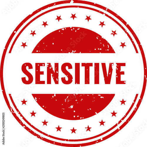 Distressed 'sensitive' stamp red ink on white isolated vector graphic for confidentiality notices
