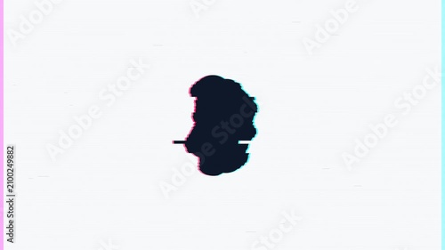 Abstract silhouette head profile with glitch effect and pastel color accents on white background