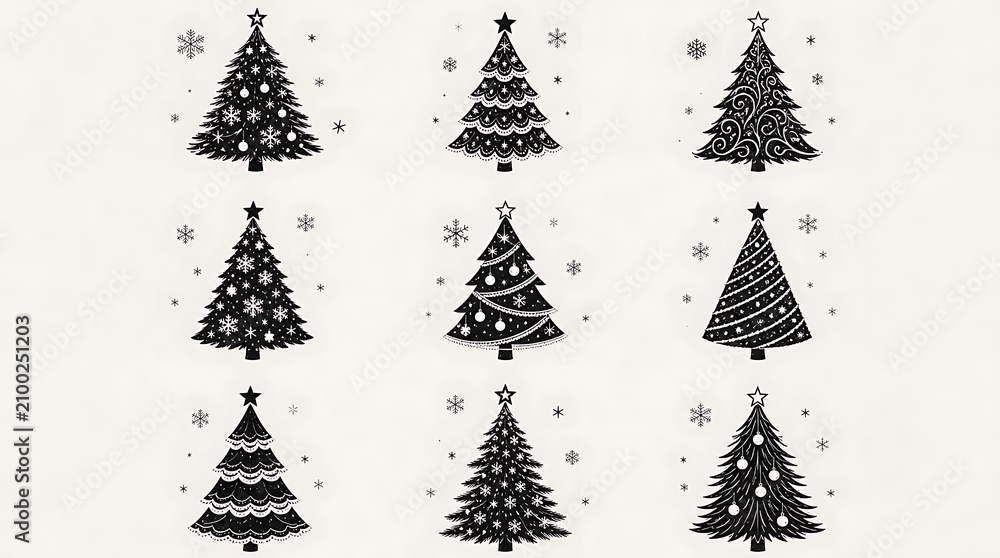 Obraz premium Collection of christmas trees with different decorations and ornaments, graphics