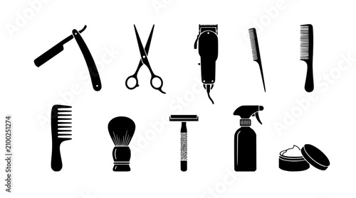 Bild auf Leinwand Barber Tools Silhouette: Razor, Scissors, Clipper, Comb, Brush, Sprayer, Pomade
