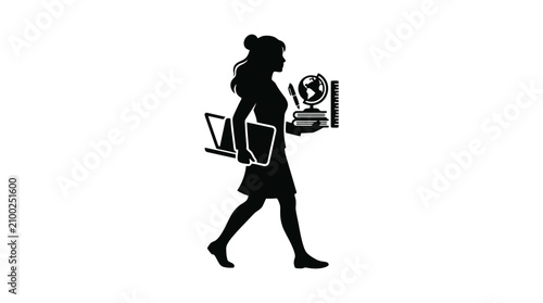 a woman carrying books and a clock.